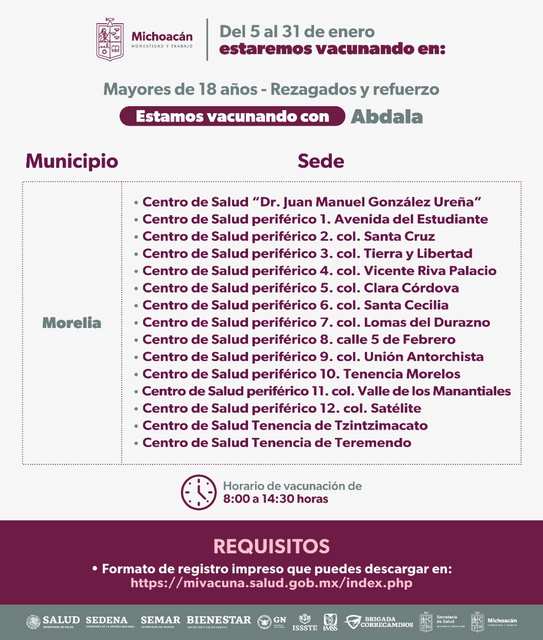 Se amplía vacunación contra el COVID-19 en 15 centros de salud en Morelia