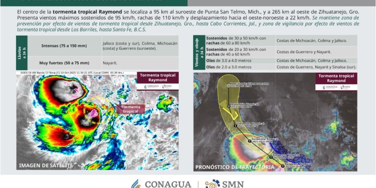 #TormentaTropical #Raymond continúa desplazándose frente a las costas del Pacífico mexicano, de acuerdo con Conagua Comisión Nacional del Agua.