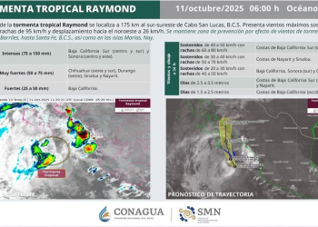 #TormentaTropical #Raymond continúa su desplazamiento frente a las costas del Pacífico, acercándose a la Península de Baja California.
