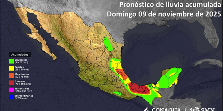 De acuerdo con la información de @conagua_clima, este es el pronóstico actualizado para hoy, 9 de noviembre de 2025, a las 10 h