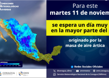 De acuerdo con el Servicio Meteorológico Nacional, el frío continuará mañana. La masa de aire ártica mantendrá bajas temperaturas en gran parte del territorio nacional, especialmente en el norte, oriente, centro y sureste del país.