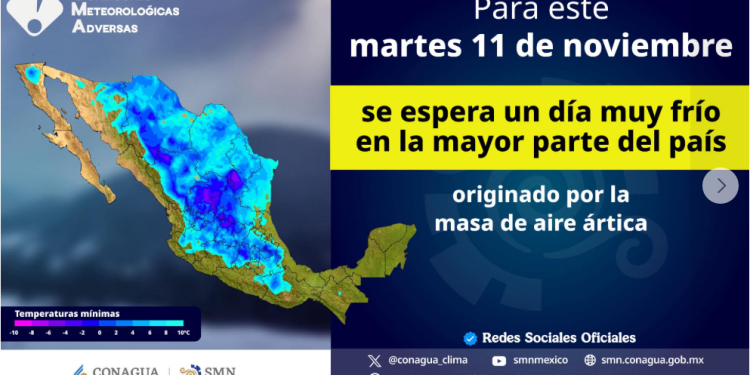 De acuerdo con el Servicio Meteorológico Nacional, el frío continuará mañana. La masa de aire ártica mantendrá bajas temperaturas en gran parte del territorio nacional, especialmente en el norte, oriente, centro y sureste del país.