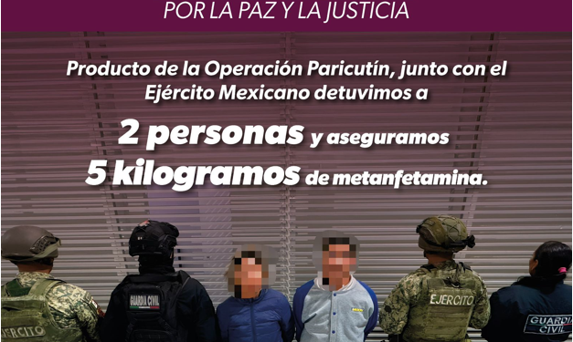 Dos detenidos con 5 kilogramos de metanfetamina en Morelia: SSP