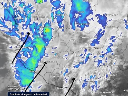 Actualización: Las recientes imágenes de satélite muestran un abundante ingreso de humedad sobre México, por lo que las lluvias continuarán en las próximas horas.