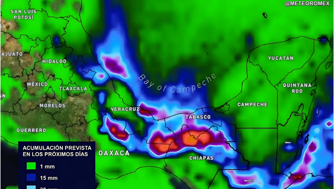 ALERTA: En las próximas horas se intensificarán las lluvias entre Veracruz hasta Yucatán debido al avance del #FrenteFrío30 en México.