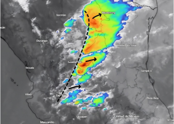 Las recientes imágenes de satélite muestran el desarrollo de una línea de convección profunda que se extiende desde Coahuila hasta Jalisco, generando lluvias y tormentas.