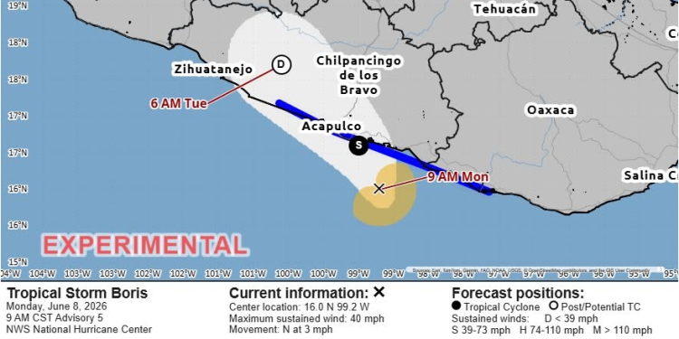 La Tormenta Tropical #Boris se mantiene frente a las costas de Guerrero; en las próximas horas se aproximará a tierra.