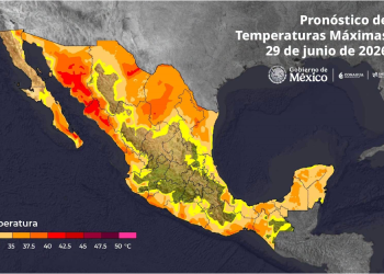 De acuerdo con información de @conagua_clima, este 29 de junio se prevén temperaturas de 40 a 45 °C en Baja California Sur (sur), Sonora (centro y sur), Sinaloa (norte) y Chihuahua (este).