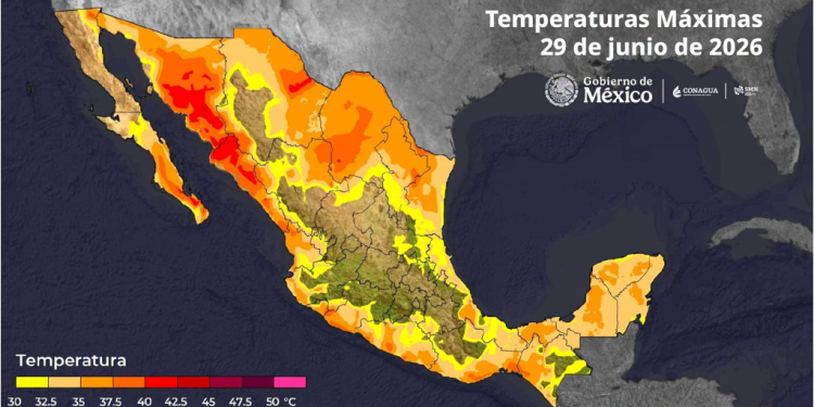 De acuerdo con información de @conagua_clima, este 29 de junio se prevén temperaturas de 40 a 45 °C en Baja California Sur (sur), Sonora (centro y sur), Sinaloa (norte) y Chihuahua (este).