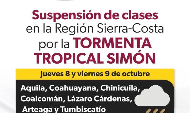 Se suspenden clases presenciales en siete municipios por la tormenta tropical Simón